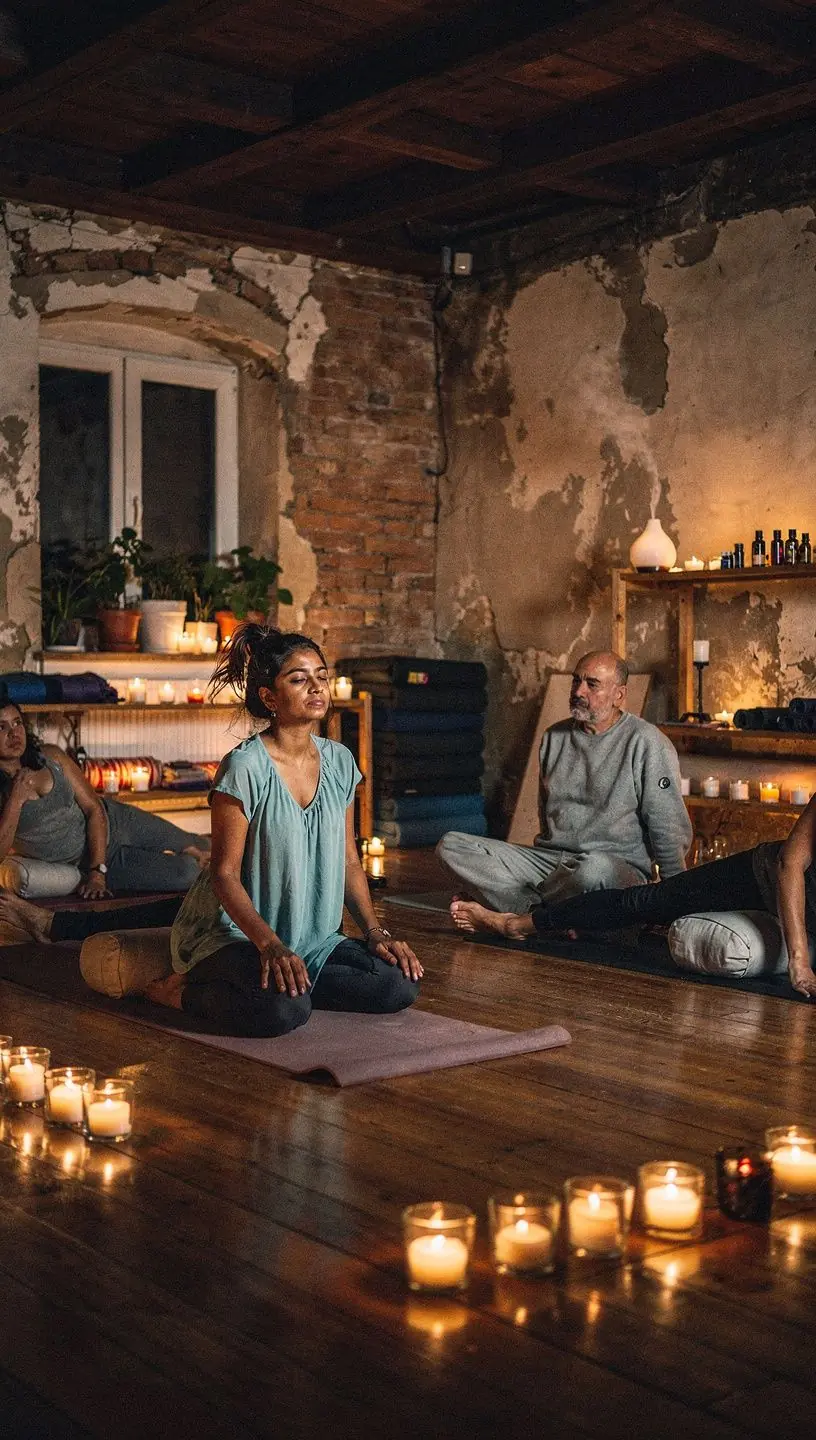 Group of diverse individuals practicing yoga together in a studio.