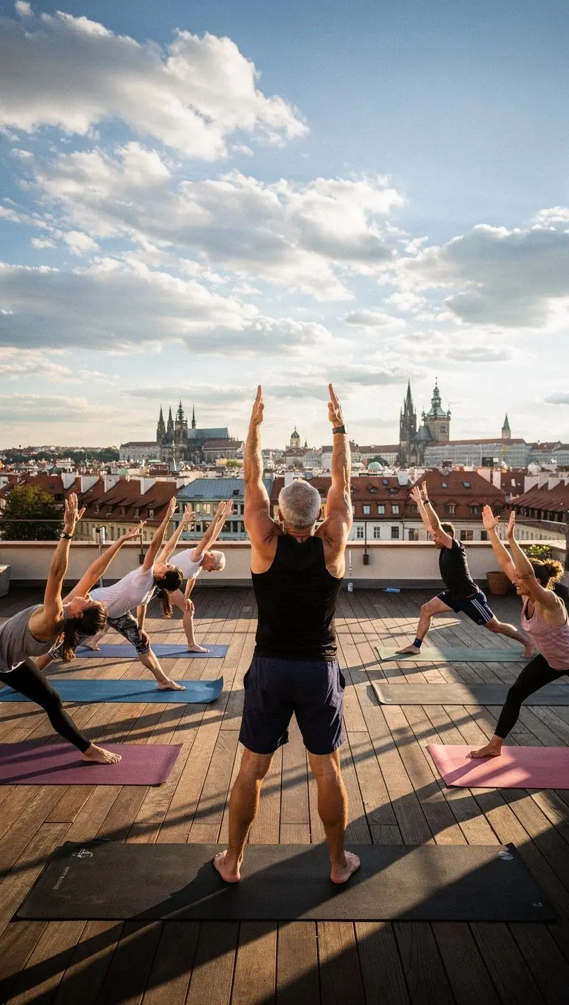 Yoga class participants engaging in a group session.